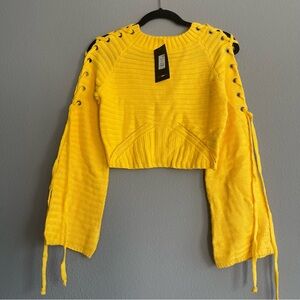 Yellow Lace-Up Cropped Sweater